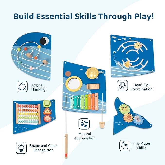 Whale Wall Busy Board Panel, Montessori Sensory Toy, Toddler Learning Activity Center, Toddler Learning Activity Center, Interactive Toys, Wooden Sensory Wall Develops Kids Skills in All Aspects