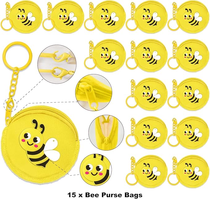 15 Pack Bee Change Coin Purse with Keyrings for Honey Bee, bumble bee, Mommy to Bee, Oh Babee, Baby to Bee baby shower, Adult Bee, Queen Bee, Birthday, Gender Reveal,Yellow