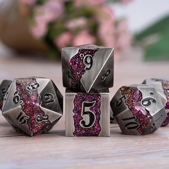 Metal DND Polyhedral Dice,Large Stripe Glitter Metallic Dice Set,Antique Silver Dice 7pcs Set for Role Playing Games(Antique Nickel Rose Red)