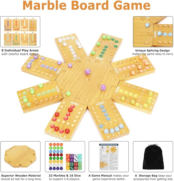 Marble Board Game,Wooden Board Game for 6-8 Players,Portable Design Marble Game with 32 Marbles 16 Dice, Family Game Night Gift for Kids & Adults