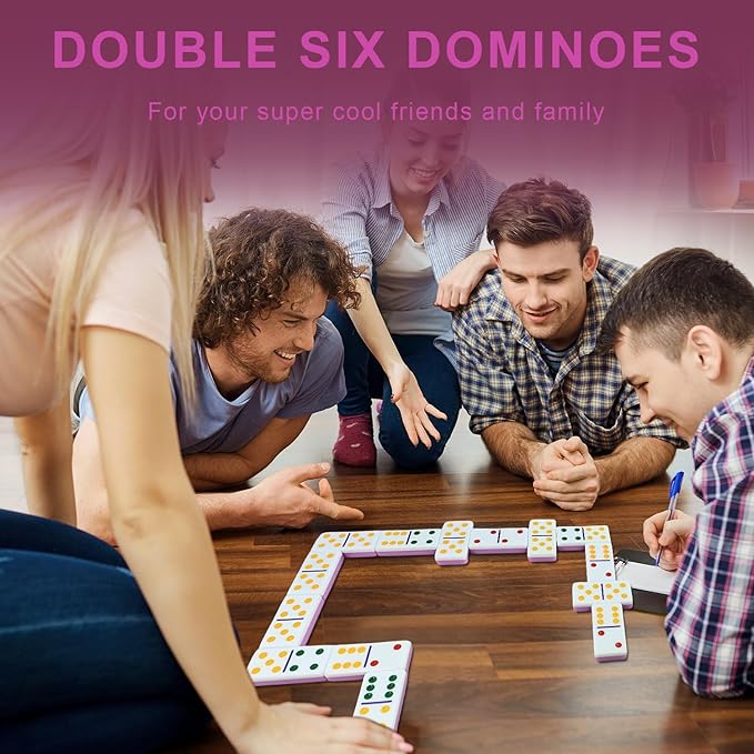 Dominoes Set for Adults, Double 6 Dominos Game Set with 28 Domino Tiles Double with Upscale Gift Boxes -7 Polyhedral Dice -Classic Board Games (Pink)