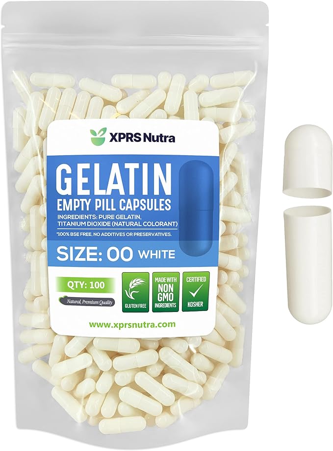XPRS Nutra Size 00 Empty Capsules - 100 Count Empty Gelatin Capsules - Empty Pill Capsules - DIY Capsule Filling - Fillable Pill Capsules Empty Gel Caps (White)
