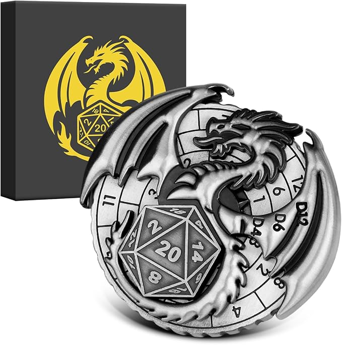 Spinner DND Dice Set, 7-in-1 Fingertip Gyro Metallic DND Dice, DND Starter Set, Dragon Dice Spinner for DND Dice Set, D&D Gifts with Gift Box, Role Playing Game Board Game Accessories, Dark Silver