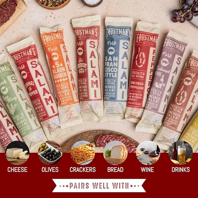 Foustman's Salami Garlic Lamb Artisanal, Nitrate-Free, Naturally Cured, Gluten-Free, Dairy-Free, No Pork, 8 Oz Sticks