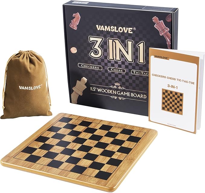 VAMSLOVE Wooden Chess Checkers Tic-Tac-Toe Game Set 11.5" x 11.5" Double-Sided 3 in 1 Board with 34 Chess Pieces - 2 Extra Queens - 24 Interlocking Checkers - Storage Bag - Instructions