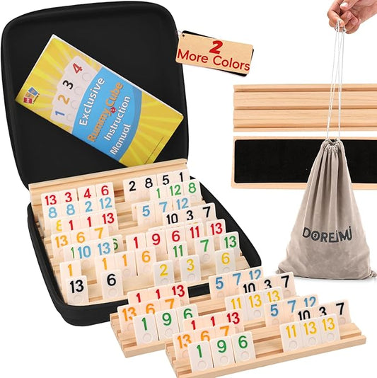 Deluxe Rummy Cube Game Set 6 Colors with 8 Wooden Racks & 162 Rummy Tiles | Travel & Family Board Game for Adults and Kids