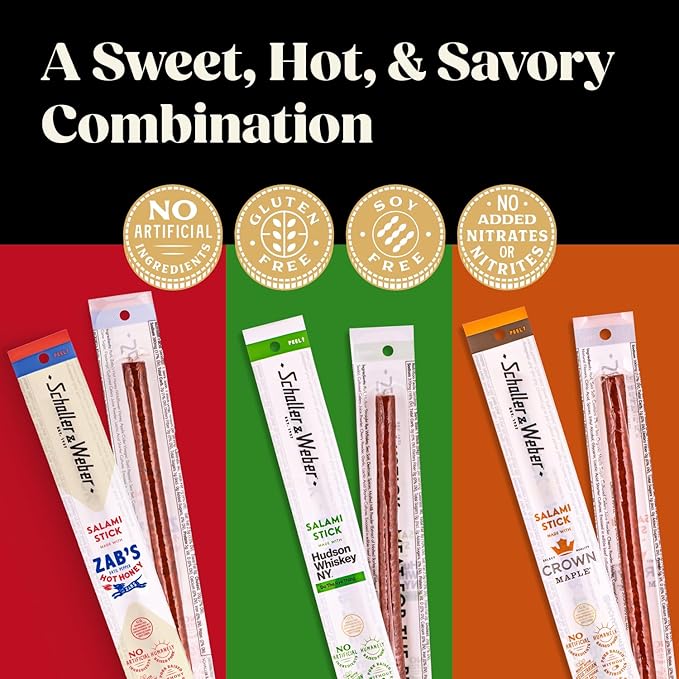 Schaller & Weber Salami Sticks Variety Pack (Zab’s Hot Honey, Hudson Whisky NY, Crown Maple), .85 Oz (Pack of 6) Hickory Smoked Salami | German Style Smoked Sausage Sticks | Gluten Free Protein Snack