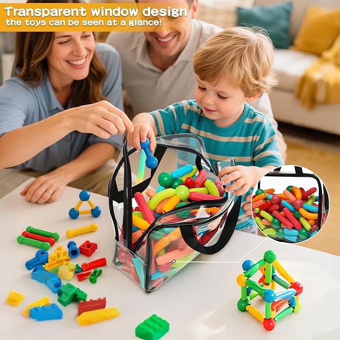 Toy Storage Bags - 6 Packs Toy Storage Organizer with Labels & Pen for Kids, Reusable Clear PVC Board Game Storage with Zipper, Waterproof Travel Bags for Building Blocks, Puzzles (Black)