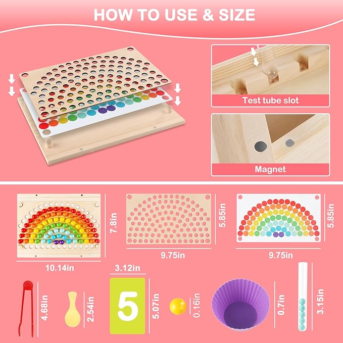 Toddler Learning Montessori Toys for 3 4 5 6 Year Old,Rainbow Stacking Matching Counting and Color Sorting - Wooden Peg Board Bead Game - Fine Motor Math Skills Toys for Boys & Girls