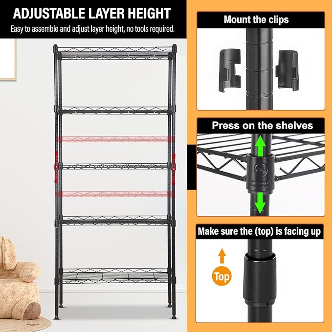 5-Tier Shelves Height Adjustable Storage Shelves Shelving Unit 11”Dx21”Wx48”H Wire Shelving NSF Certified Storage Shelf with Leveling Feet for Home Kitchen Garage, Black