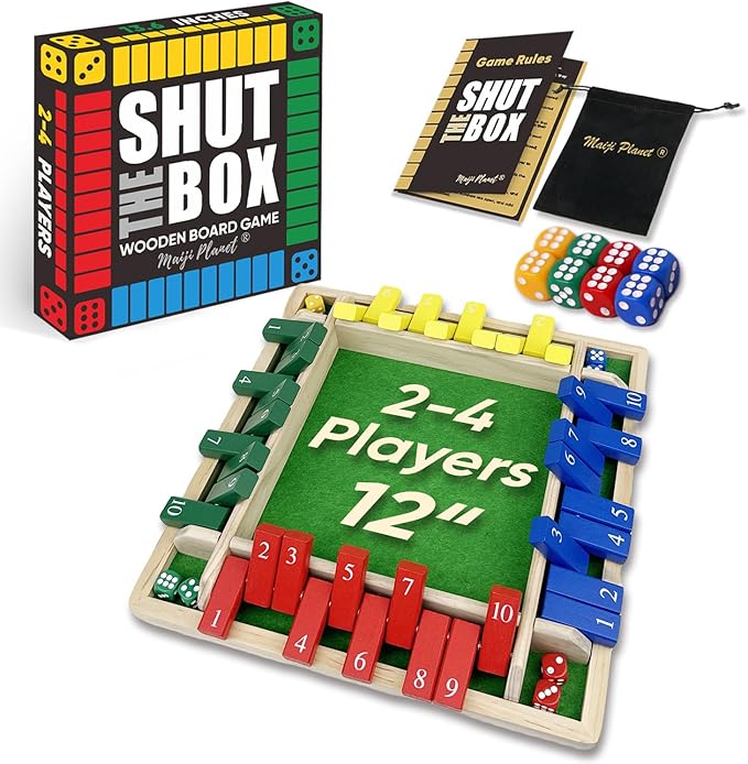 Large Shut The Box for 2 4 Players Math Family Game Night Quick Dice Game for Party Camp Bar Travel Class School Wooden Table Top Board Game for Adults Kids Couple Elder 12" Classic