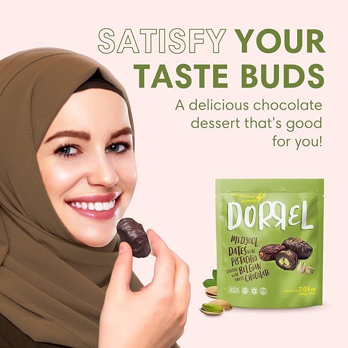 Dorrel Belgian Dark Chocolate Covered Medjool Dates Stuffed with Pistachios, Nutritious and Tasty Dark Chocolate Pistachio Nuts, High-Energy Snack, Non-GMO, Kosher, 1 Pack