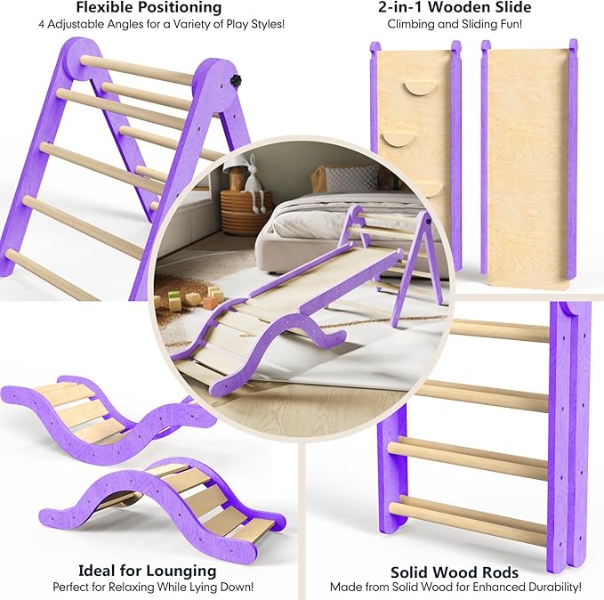 Pikler Triangle Set 7in1 Toddler Climbing Toys Indoor Foldable Baby Climbing Toys Wooden Montessori Climbing Set with Arch, Ramp, Ladder for 1-3 Years, Jungle Gym for Kids (Purple)
