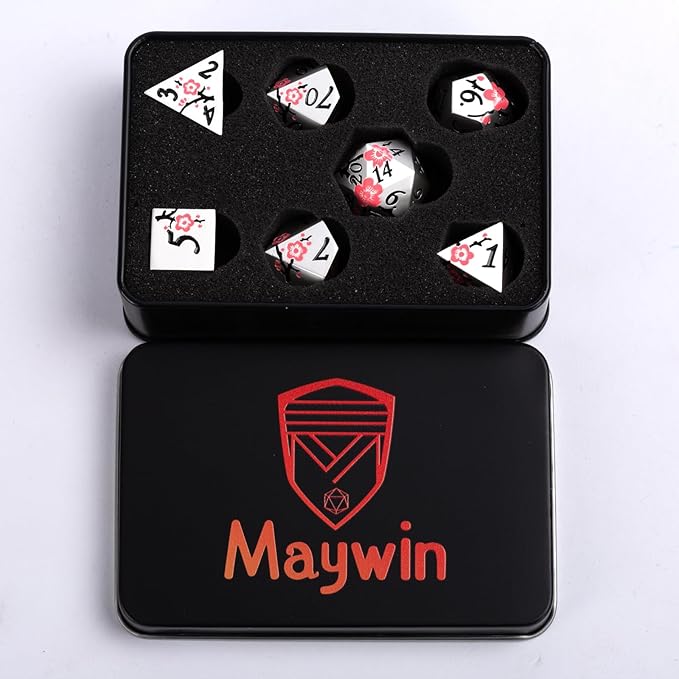 D&D Metal Dice, 7 PCS Flower DND Metal Solid Dice Set with Gift Case for Dungeons and Dragon Tabletop Game (Silver-Pink)