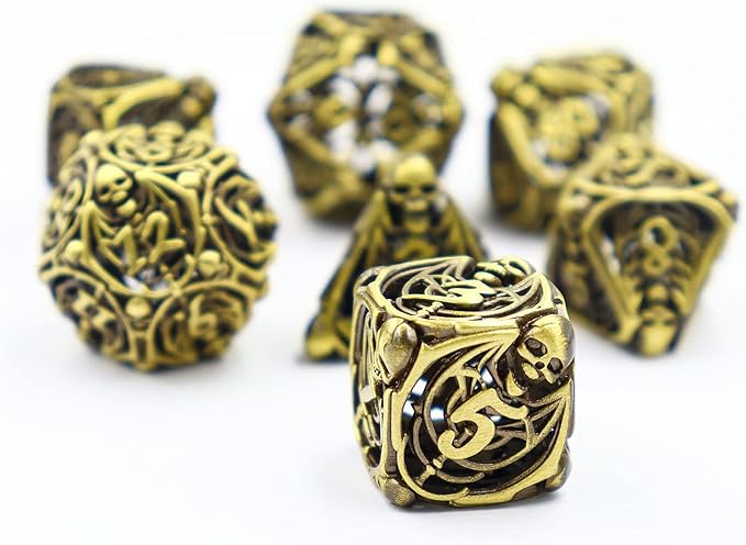 Metal DND Dice Set Skull Dungeons and Dragon Dice Set Hollow Polyhedral Magic 7 PCS Dice Set with Gift Metal Box for Dungeons and Dragons Table Games Play Cards MTG(Skull_Ancient Bronze)