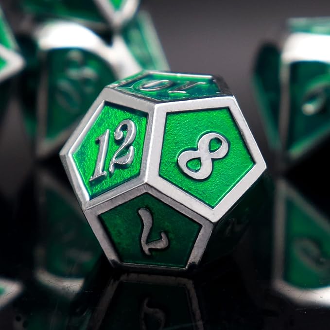 Haxtec 7 Die Metal DND Dice Set Green Elven Goblin D&D Dice Set for Dungeons and Dragons RPG Gaming-Silver Emerald Green Elvish Dice