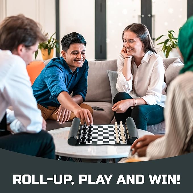 Roll Up Chess Set - 11" Foldable Leather Chess Mat with Wooden Chess Pieces - Portable Travel Chess Set with Straps - Perfect Chess Game for Airplane, Camping, and More (Green)