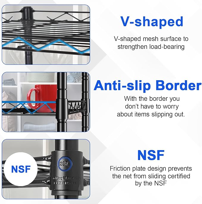 Metal Frame Storage Shelves 5-Tier Wire Shelving NSF Certified Storage Rack Shelf Heavy Duty Storage Shelf with Leveling Feet for Home Kitchen Garage, 12" Dx17 Wx48 H, Black