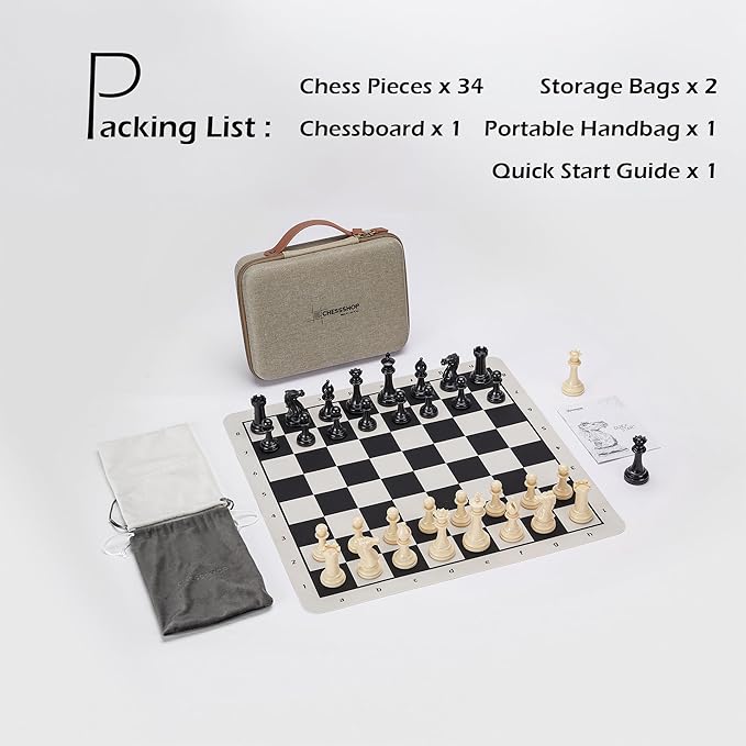 Conqueror Tournament Travel Chess Set 18''x18'' Foldable Silicone Chess Board / 3.5'' King Height Plastic Double Weighted Classic Staunton (Black and White Chessboard)