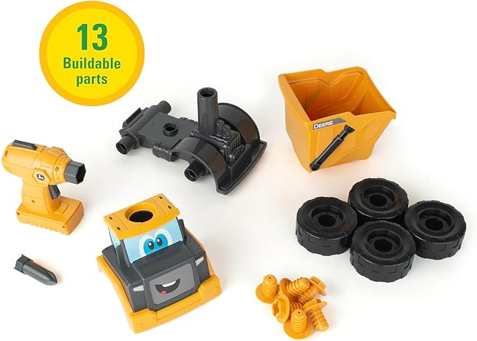 Build-A-Buddy John Deere Dump Truck Toy - Buildable Dump Truck Take Apart Toys with Toy Drill - AA Batteries Included - STEM Building Toys - Yellow - Construction Toys for Kids Ages 18 Months and Up