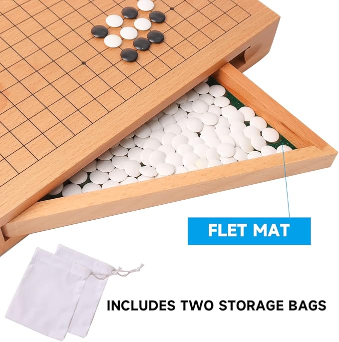GSE Games & Sports Expert 12-Inches Wooden Go Board Game Set with Drawers, Wood Go Game Board Set with Plastic Stones, Classic Chinese Strategy Board Game