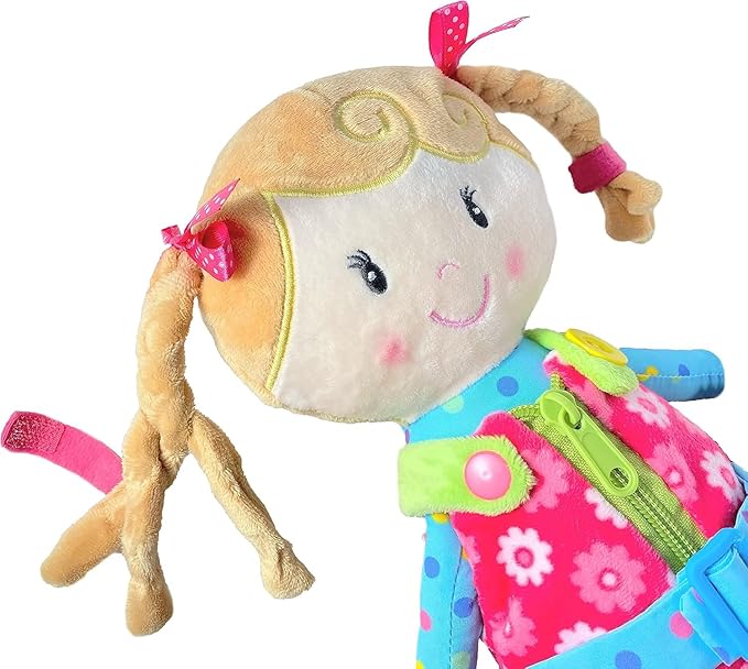 Sugar Snap Plush Doll for Toddlers Learn to Dress Montessori Toy - Dress Me Doll - Zipper, Snaps, Buttons, Buckle, Shoe Tying Practice - Educational Toy for 2 3 Year Old Girl - Montessori Doll - 15"