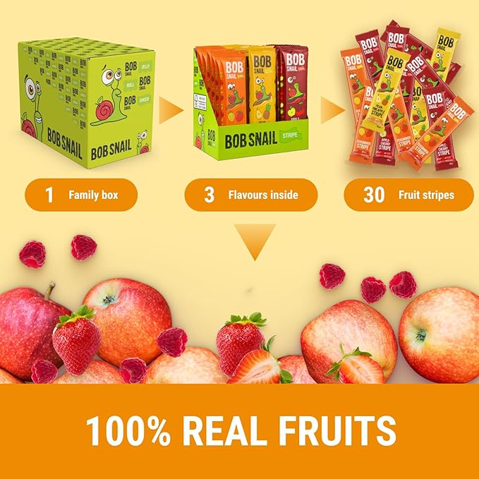 BOB SNAIL Healthy Organic Fruit Snacks for Kids and Adults – 30 Organic Fruit Leather Snacks with Persimmon, Pear-Pineapple,Cherry – Vegan Low-Carb Variety Pack Strips for Kids – Sugar Free Jerky Bars