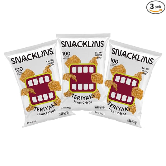 SNACKLINS Plant Based Crisps - Teriyaki - Vegan Healthy Snacks - Gluten Free, Grain Free, Plant Based Crisps, 100% Kosher For Passover, Low Calorie - No Added Sugar, Crunchy, Puffed Snack - 3oz Bag (Case Of 3)