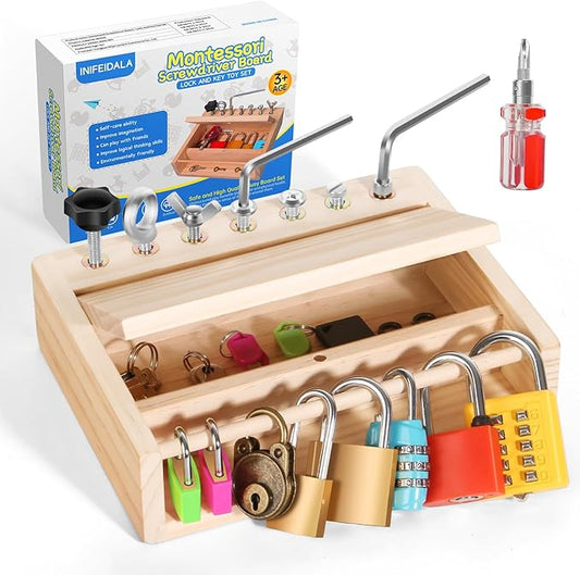 Montessori Toys for 3 4 5 Year Old,Montessori Screwdriver Board Set-Lock and Key Toy,Kids Tool Set,Preschool Learning Sensory - Fine Motor Skills - STEM Toys(8 Locks and Keys)