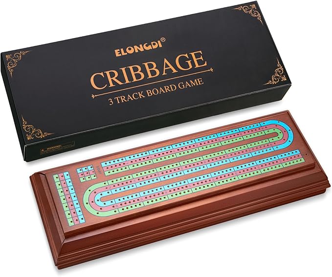Wooden Cribbage Board Game Set with Large Storage Area,9 Metal Pegs & 2 Playing Cards Continuous Solid Wood 3 Track Board Travel Portable Cards Games for Adults Family