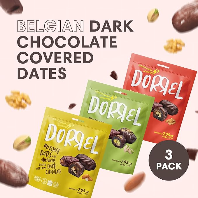 DORREL - Trio Bundle Pack: Belgian Dark Chocolate Covered Dates Medjool with Walnuts, Salted Almonds & Pistachio Stuffing, High Energy Kosher Non-GMO Choco Snack Pack of 3, 7.05 oz Ea
