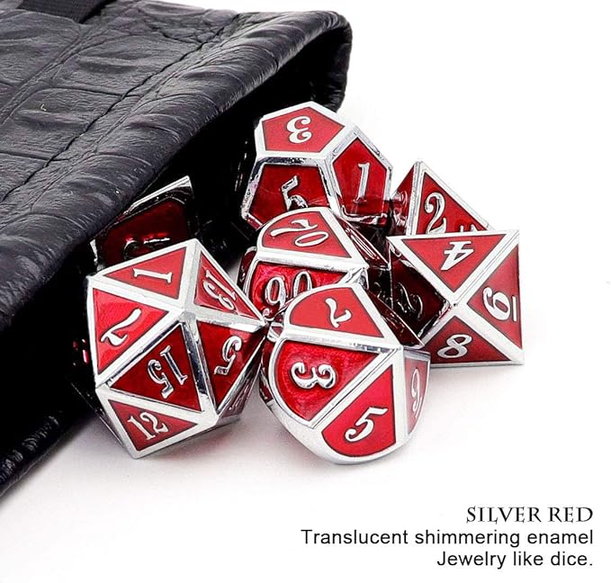 Haxtec Metal Dice Set D&D Red Silver DND Dice Set for Dungeons and Dragons RPG Games Leather Dice Bag DND Gifts-Glossy Enamel Dice (Silver Red)