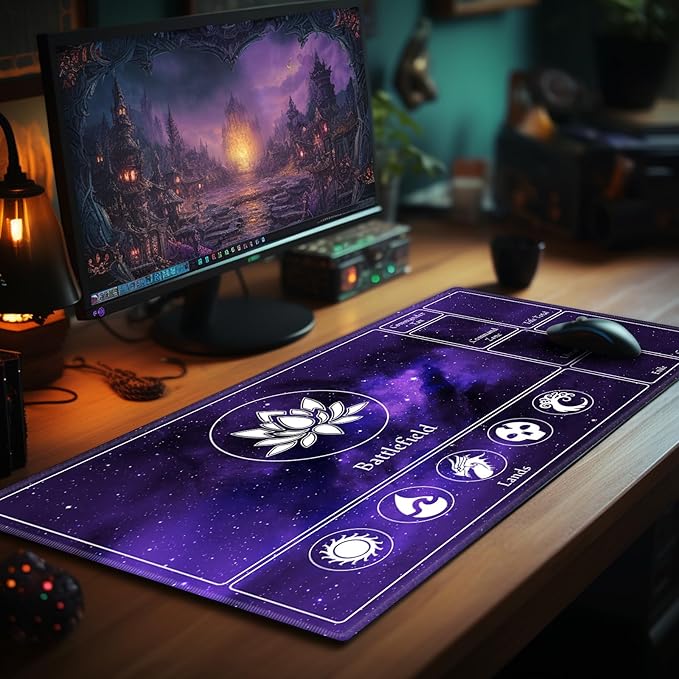 MTG Playmat Stitched with Magic Zone for MTG Card Game Playing, Commander Board Game Desk Mat Duel Mat Card Battles Binder Deck 24x14inches for Beginner, Galaxy Purple Mana