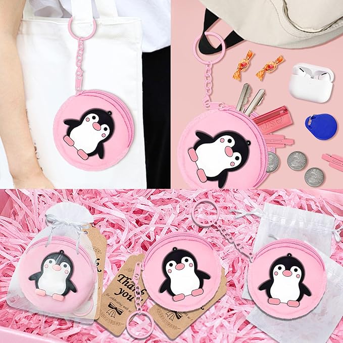 36 Pack Penguin Change Purses Set Include 12 Wallets with Keyring,12 Thank You Tags and 12 Organza Bags for Winter Party Supplies,Guest Return Gift, Animal Themed Party, Birthday,Pink