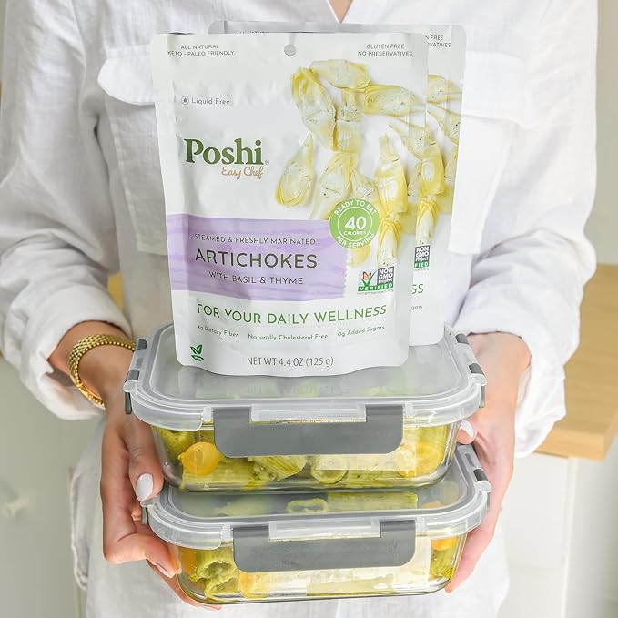 POSHI Marinated Artichoke Hearts with Basil + Thyme Natural, Keto, Vegan, Non GMO, Low Carb + Calorie, Gluten Free Ready to Eat Fully Cooked Vegetables, Pentry Food, Gourmet, Healthy 6 Pack, 4.4 oz