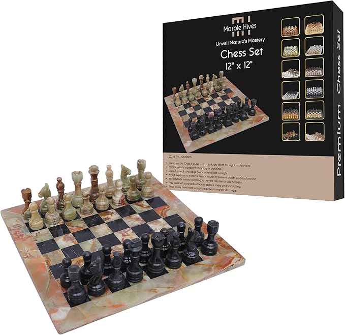 Handmade Marble Chess Set - Green & Black (12 x 12 Inches) - Chess Sets for Adults - Premium Quality Chess Boards - Fancy Chess Boards