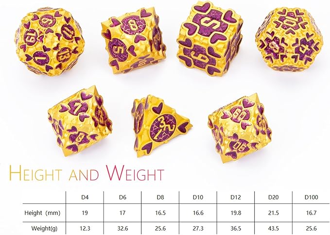 DND Metal Dice 7pcs DND dice Set Box for Dungeons and Dragons MTR PRG Tabletop Games (Gold-Purple)