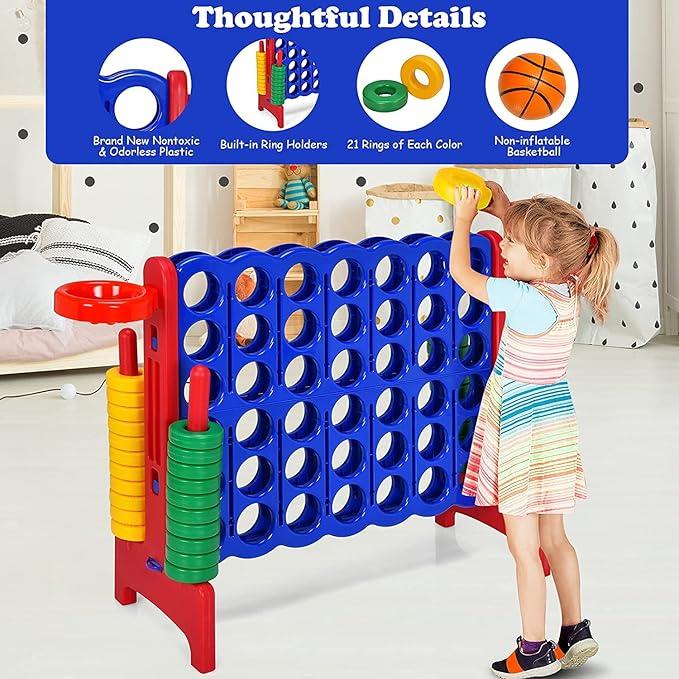 Giant 4 in a Row Connect Game, Jumbo 4 to Score Game Set w/ 42 Chess Rings, Basketball & Hoop, Toss Rings & Quick-Release Lever, Indoor & Outdoor Family Party Game for Kids & Adults, Red