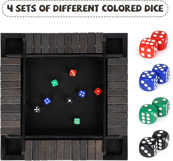 Agirlgle 12 Inches Shut The Box Dice Game, 1-4 Players Wooden Family Board Math Game with 12 Dice ，Strategy Dice Game for Adults Classic Tabletop Educational Game for Family, Classroom, Home or Pub