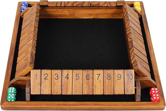 VAMSLOVE Upgraded 14 inches Shut The Box Dice Game Wooden Board Table Math Game with 8+4 Dice for 2-4 Player 4-Sided 10 Number Close The Box for Kids and Adult-Instruction Included