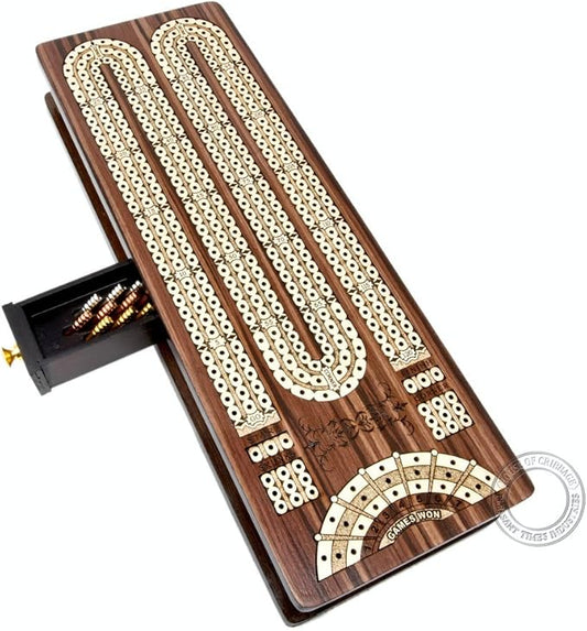 Continuous Cribbage Board/Box Inlaid in Rosewood/Maple - 3 Track - Sliding Lid with Score Marking Fields for Skunks, Corners and Won Games
