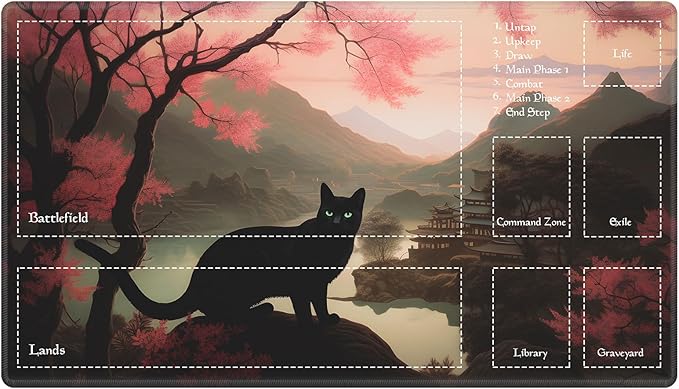 Playmat with Zones for MTG Card Game Playing, 24"x14" Commander Deck Gaming Duel Mat for Beginner, Pink Tree Black Cat