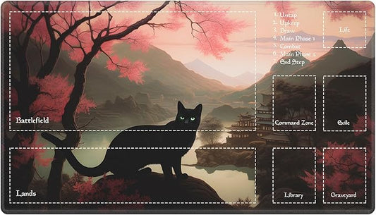 Playmat with Zones for MTG Card Game Playing, 24"x14" Commander Deck Gaming Duel Mat for Beginner, Pink Tree Black Cat
