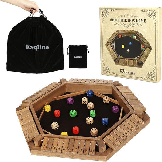 Exqline Shut The Box Game for 2-6 Players, Wooden Board Table Math Game with 14 Dice, 6 Way Classic Puzzle Board Games for Home Classroom or Pub