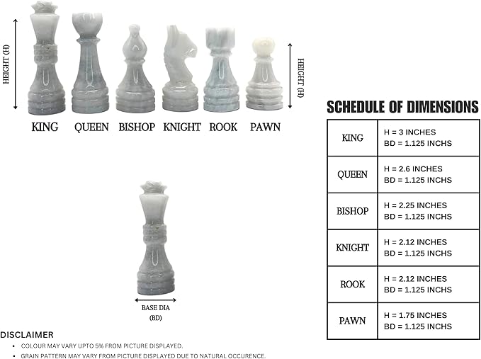 Handcrafted Premium Marble Chess Pieces Set – Elegant 32-Piece Replacement for 12-15 Inch Chess Boards Storage Box (Grey and White)