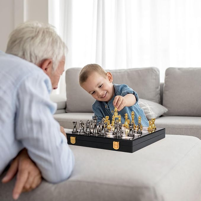 Metal Chess Set for Adults and Kids – Marbling Chess Board with Chess Pieces – Travel Chess Sets with Extra Queens with zinc Alloy Metal Pieces – Ideal for Beginners and Professional Players