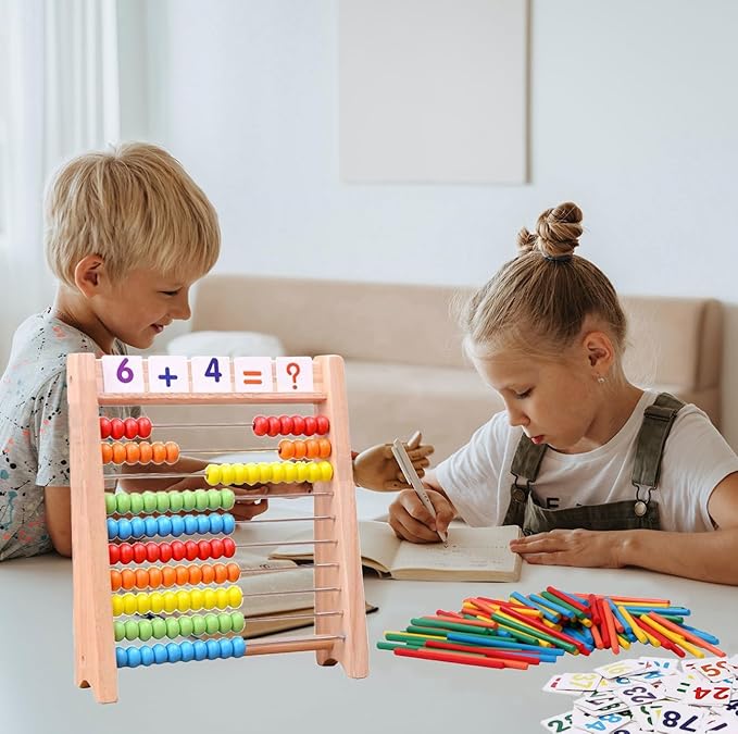 Wooden Abacus for Kids Math with 100 Counting Sticks and Number Toys Cards 1-100 and 2 in 1 Multiplication Addition Math Board Game for Kids - Wooden Montessori Math Toys for Girls Boys