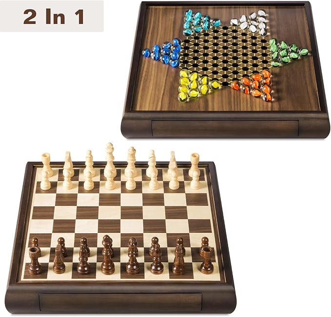 2 in 1 Magnetic Chess Set & Chinese Checkers 13" Wooden Board Game with Storage Drawer and 60 Glass Marbles + Bonus 12 Spare & 2 Extra Queens,for Kids and Adults