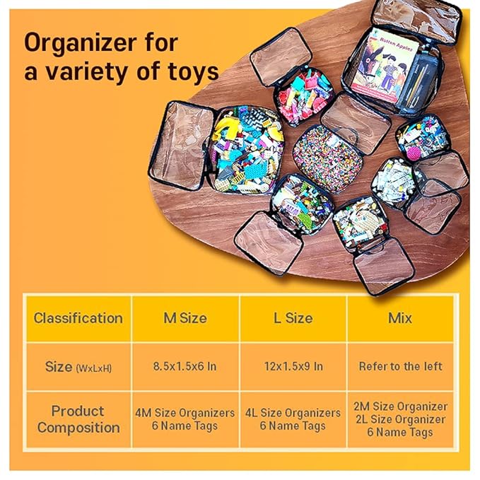 holay 4 Packs PVC Zippered Blocks Set, Toy, Clay, Board game Storage Organizer Case (Name Tag, Manual Pocket) (Black, Small, Large)