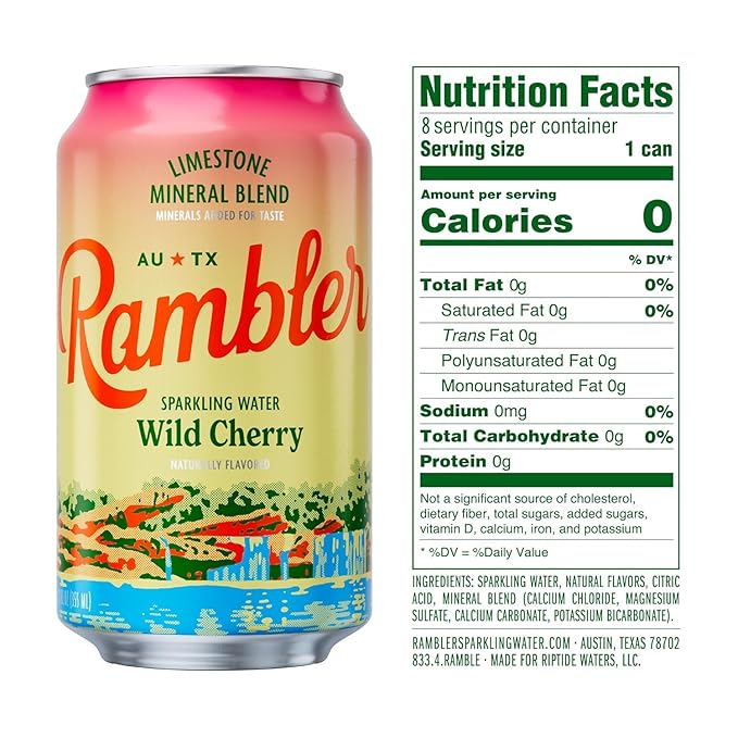 AUTX RAMBLER Sparkling Water, Texas Limestone Mineral Blend, Wild Cherry Flavor, 12-Ounce Cans, Three 8-Packs (24 Cans)
